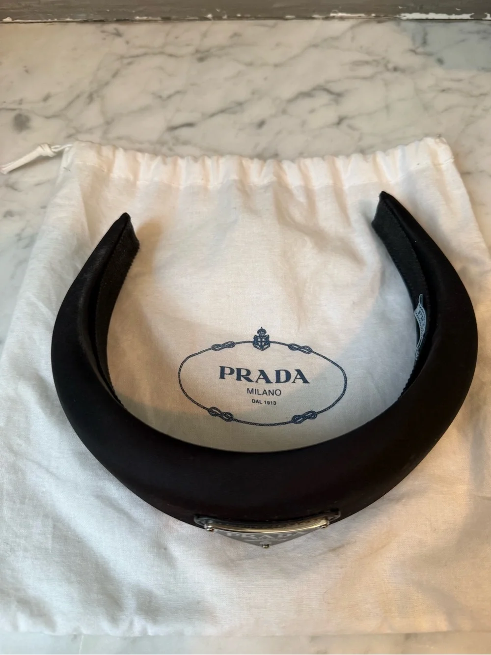 Prada Black Padded Headband with Silver Logo Plaque